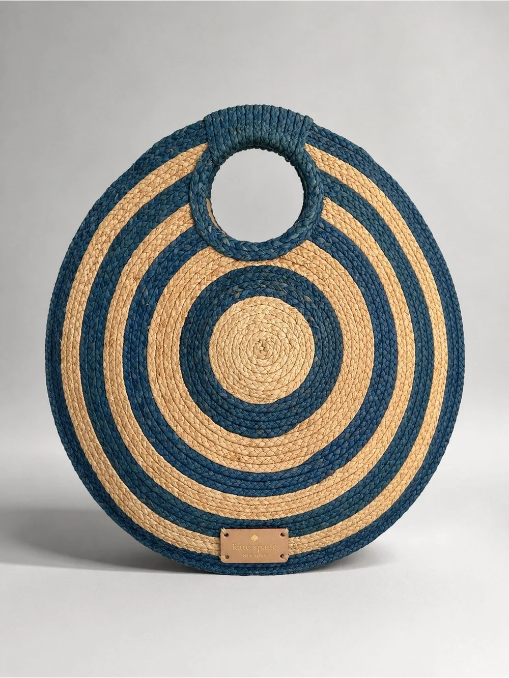 Kate Spade Round Raffia Straw Tote Blue Natural Woven Circle Bag 15” Rare